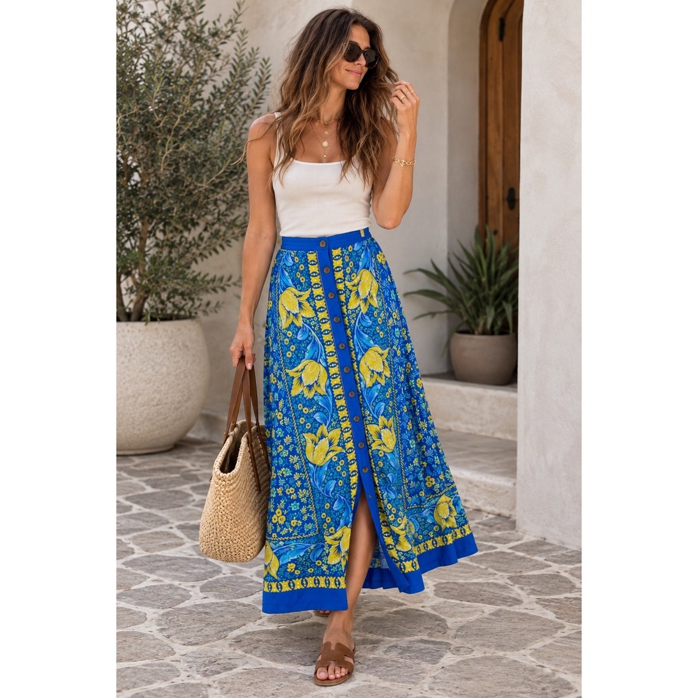Maeve Anthropologie Blue Floral Button Front Maxi Skirt Sz 4